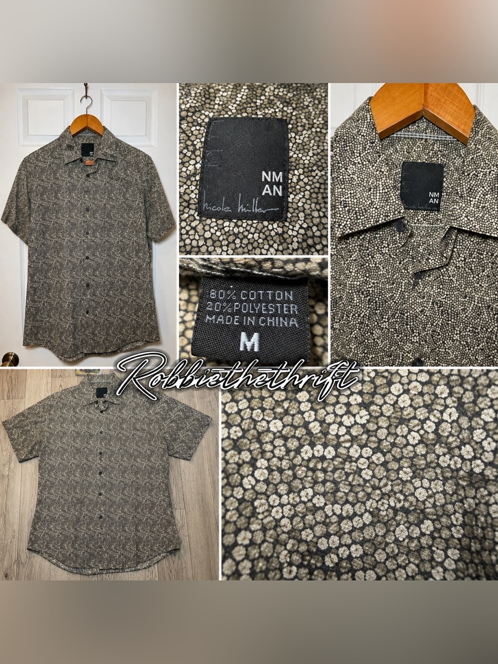 Nicole Miller NMAN Micro Floral Pattern Button Up Shirt Medium Grey Black Brown